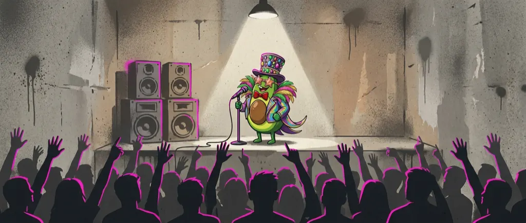 A cartoon avocado in a top hat singing into a microphone on a small stage, lit by one bulb, in front of a crowd of raised hands